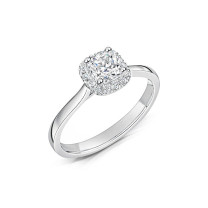 Cushion Diamond Halo Cluster Engagement Ring angled top view on a white background.