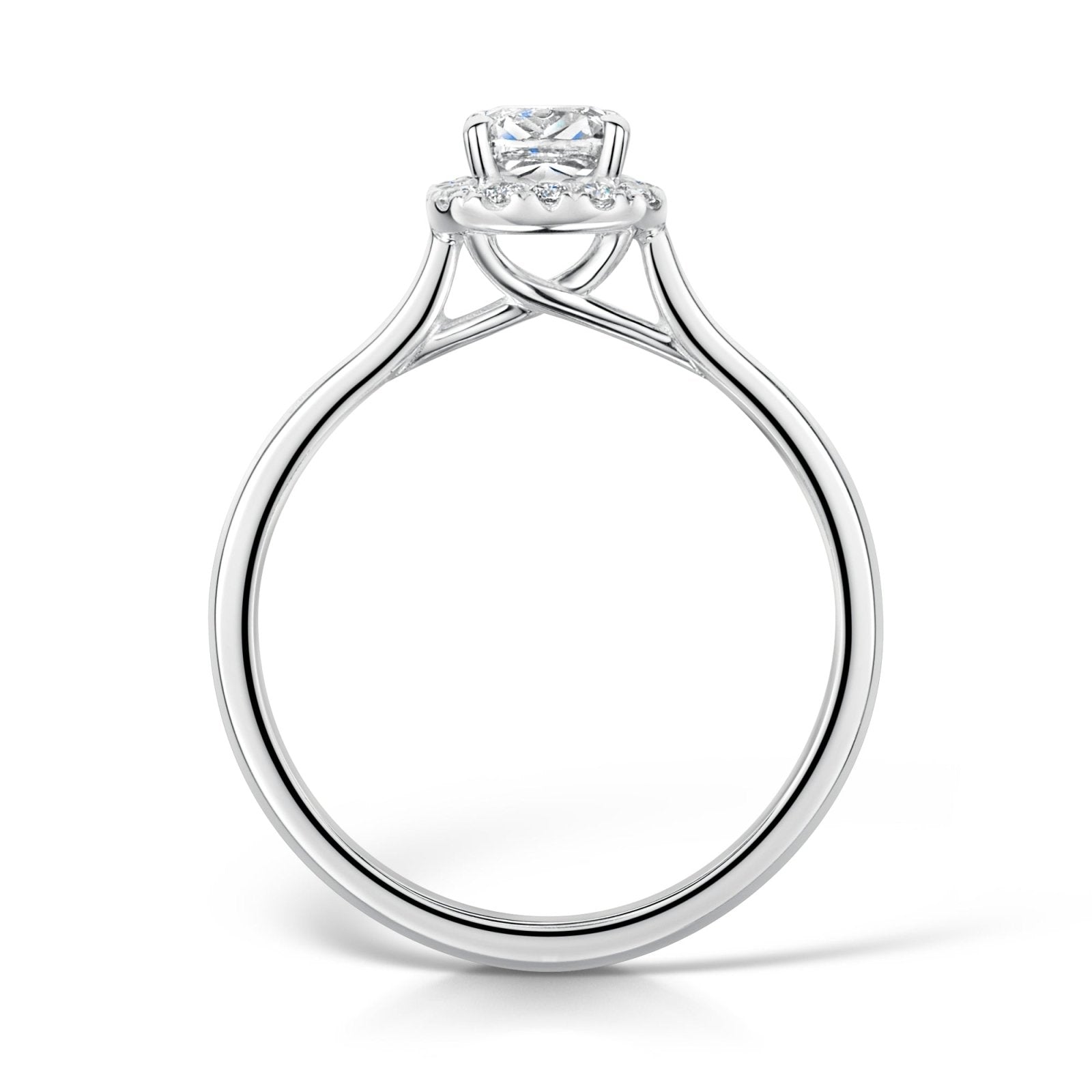 Cushion Diamond Halo Cluster Engagement Ring side view on a white background.