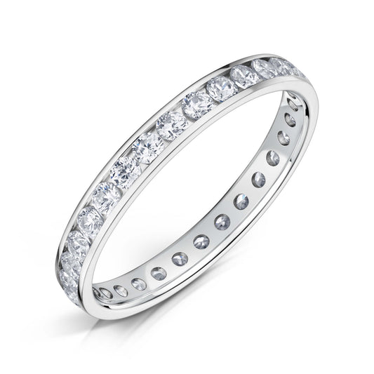 18ct White Gold Channel Set Diamond Eternity Ring with White Round Diamonds all the way around on a white background.