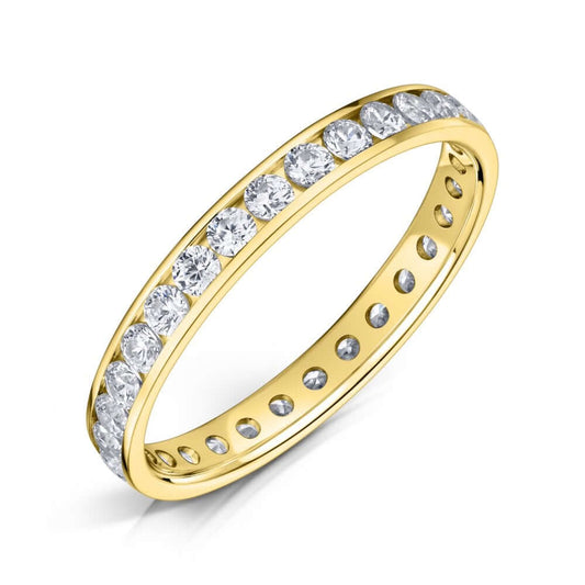 18ct Yellow Gold Channel Set Diamond Eternity Ring with 2.5mm Round Diamonds on a white background.