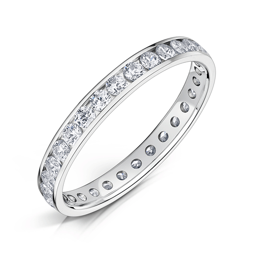 Platinum Channel Set Diamond Eternity Ring with 2.5mm Diamonds set all the way around on a white background.