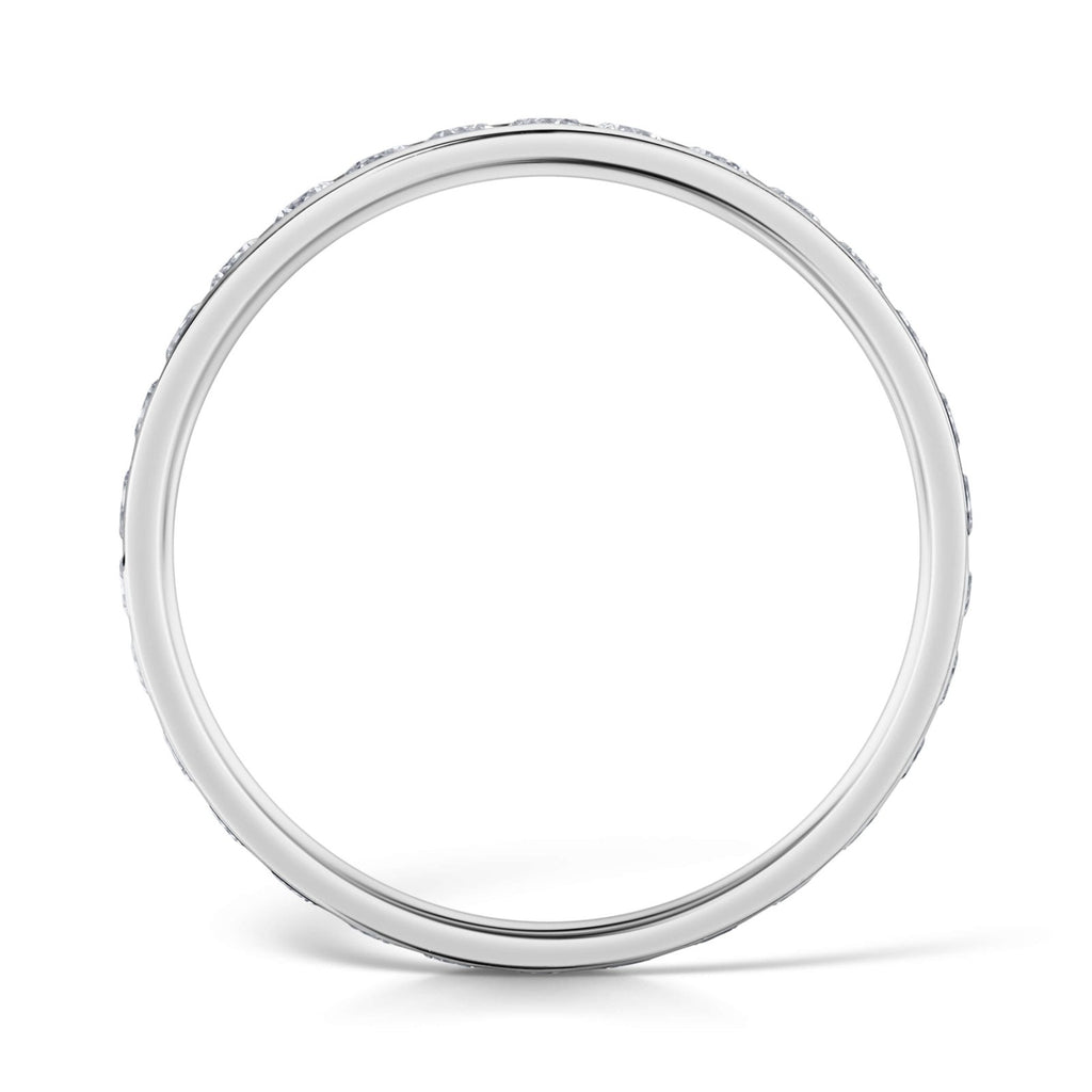 Side View of 2.5mm White Gold Channel Set Ring with White Round Diamonds all the way around on a white background.