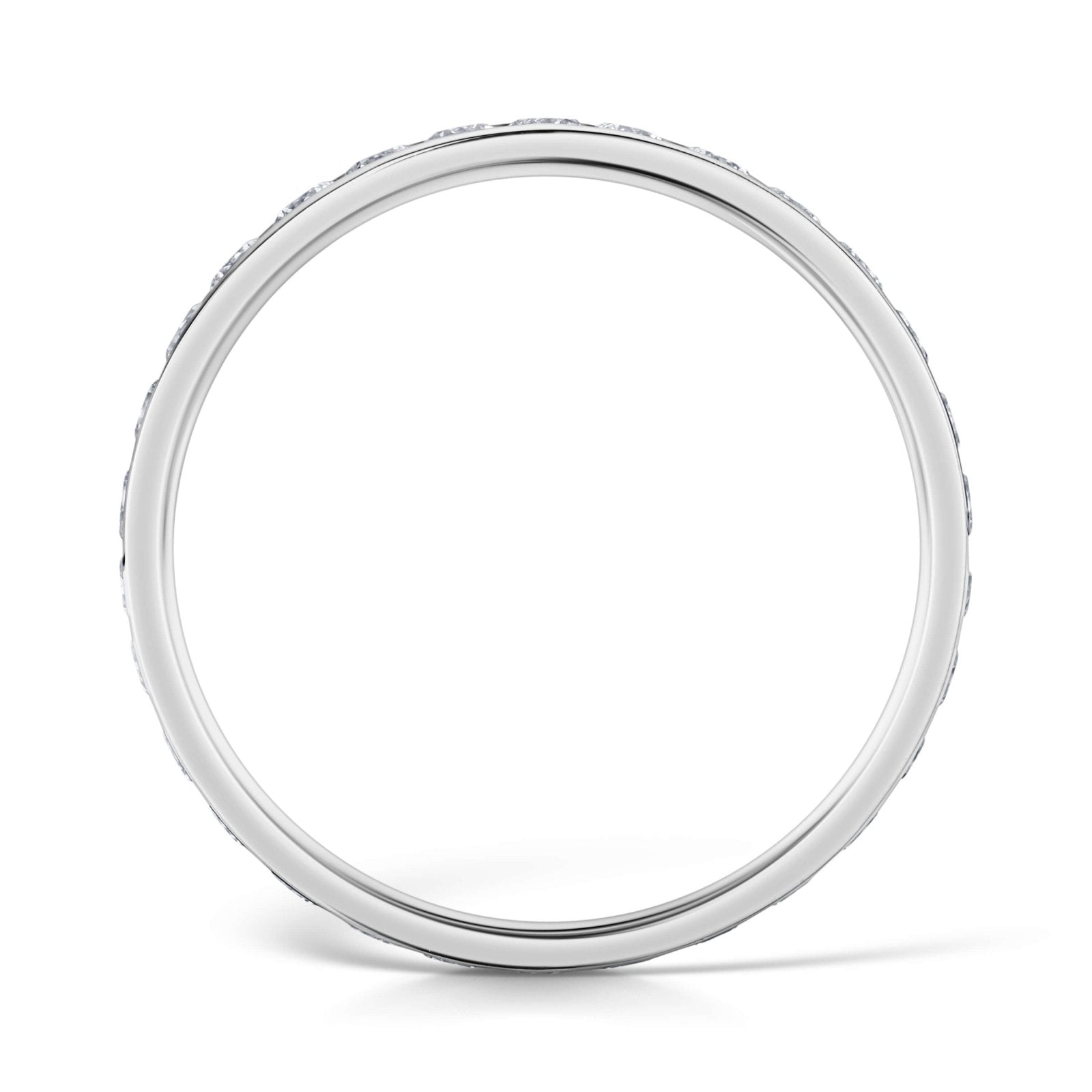 Side View of 2.5mm White Gold Channel Set Ring with White Round Diamonds all the way around on a white background.