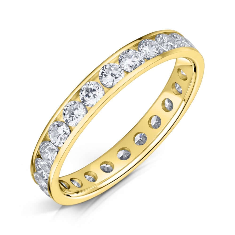 18ct Yellow Gold Channel Set Diamond Eternity Ring with 3.0mm Round Diamonds on a white background.