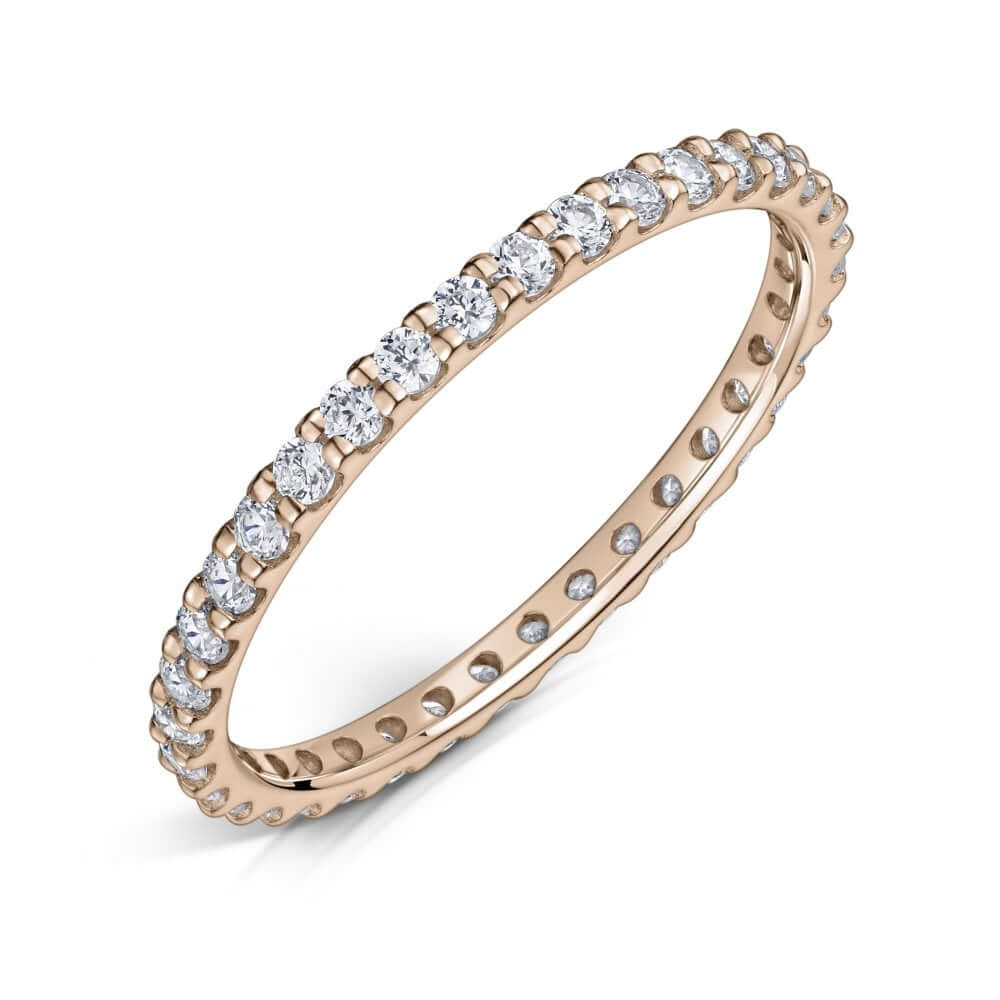 Rose Gold Eternity ring with 1.5mm diamonds all the way around on a white background.