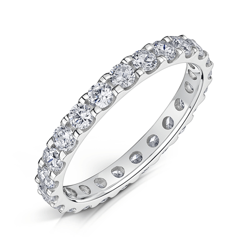 Platinum Round Diamond Classic Eternity Ring with 2.5mm diamonds set all around in a claw setting on a white background.