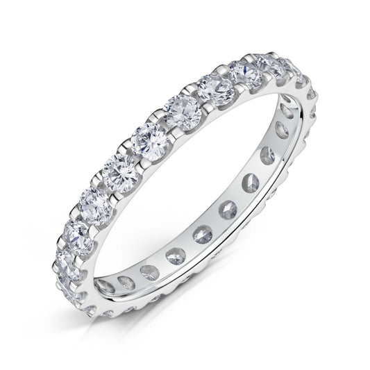 18ct White Gold Classic Diamond Eternity Ring with Round Brilliant cut diamonds set all around a 2.5mm white gold band in a claw style setting on a white background.