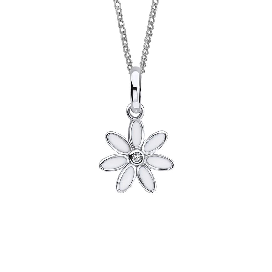 Children's Diamond Daisy Necklace with White Enamel Petals on a White Background.