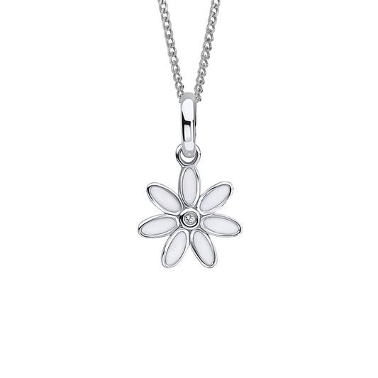 Children's Diamond Daisy Necklace with White Enamel Petals on a White Background.