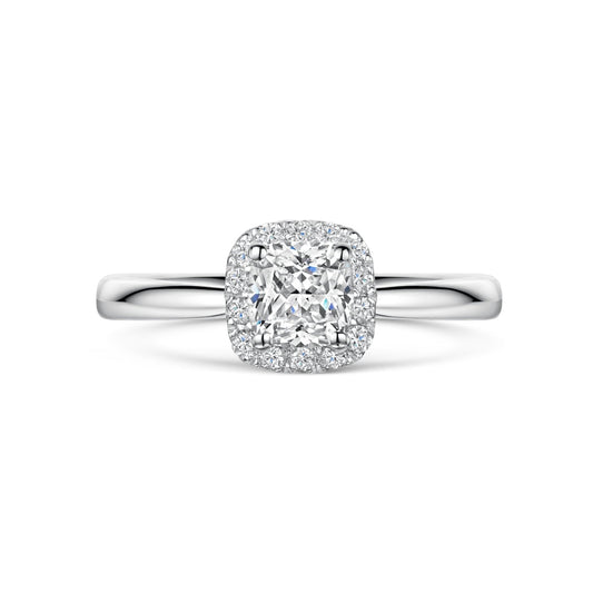 Cushion Diamond Halo Cluster Engagement Ring top view on a white background.