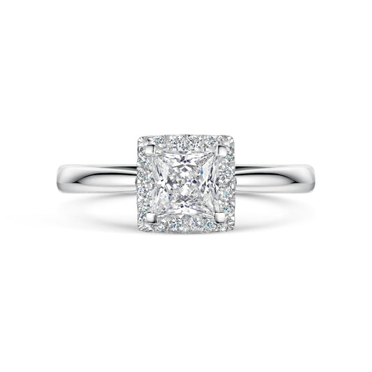 Princess Cut Diamond Halo Cluster Engagement Ring on white background.