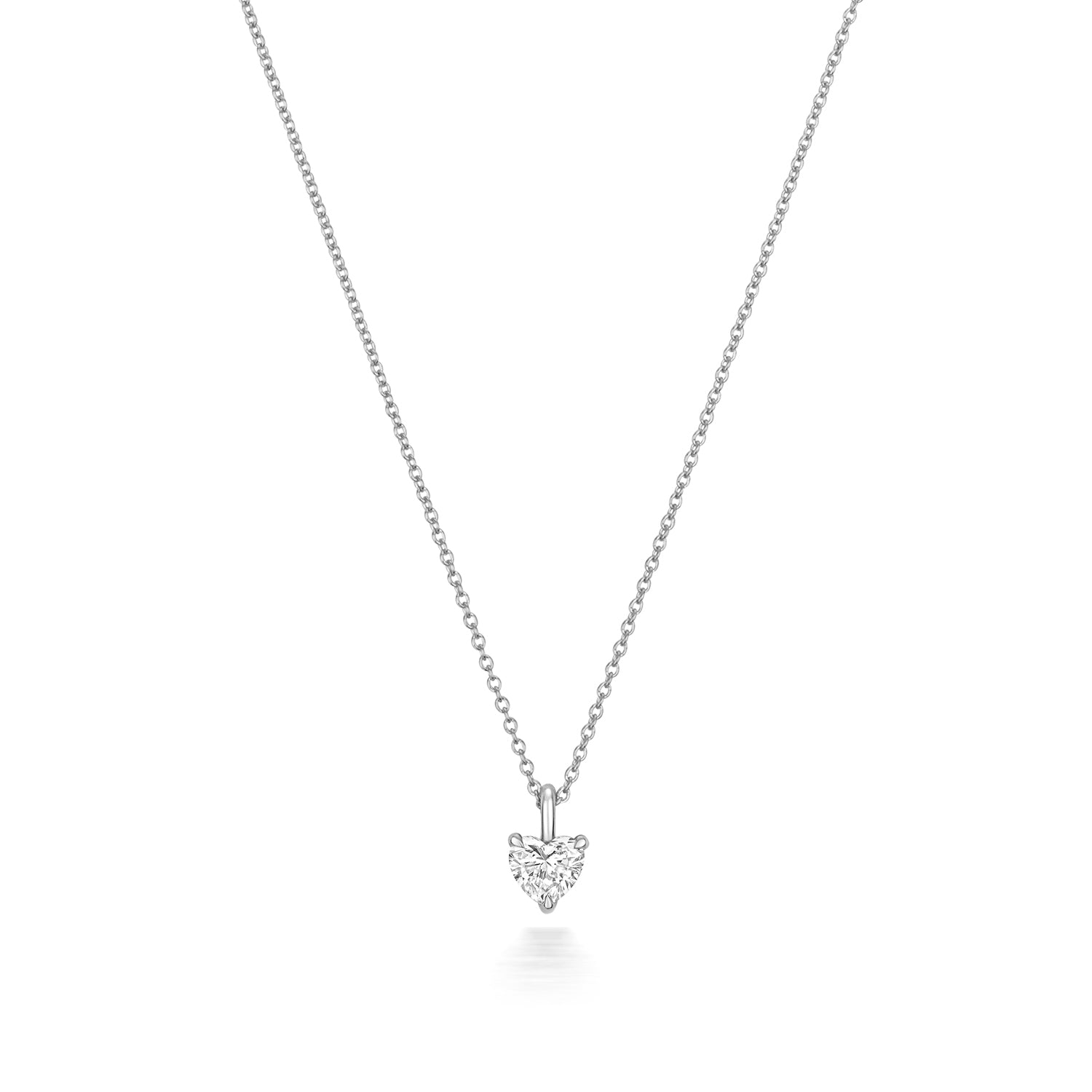 Heart Shaped Diamond Necklace in 18ct White gold on a white background.