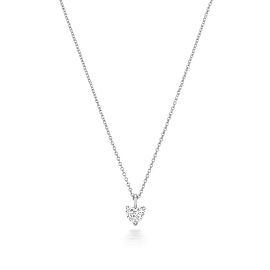 Heart Shaped Diamond Necklace in 18ct White gold on a white background.