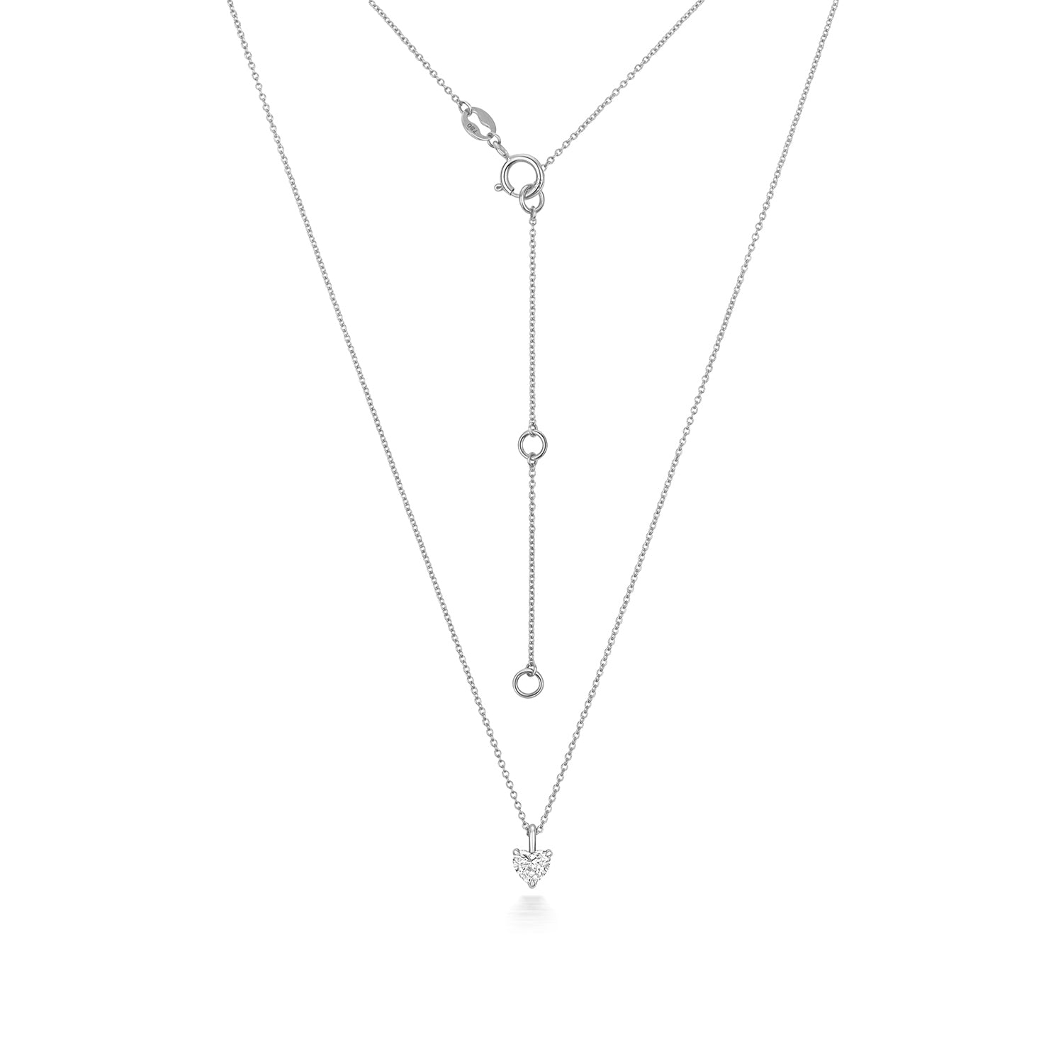 Heart Shaped Diamond Necklace in 18ct White gold with adjustable chain on a white background.