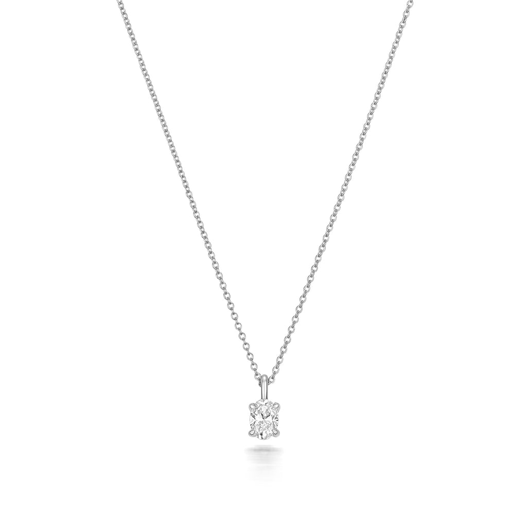 Oval Shaped Diamond Necklace in White Gold on white background.