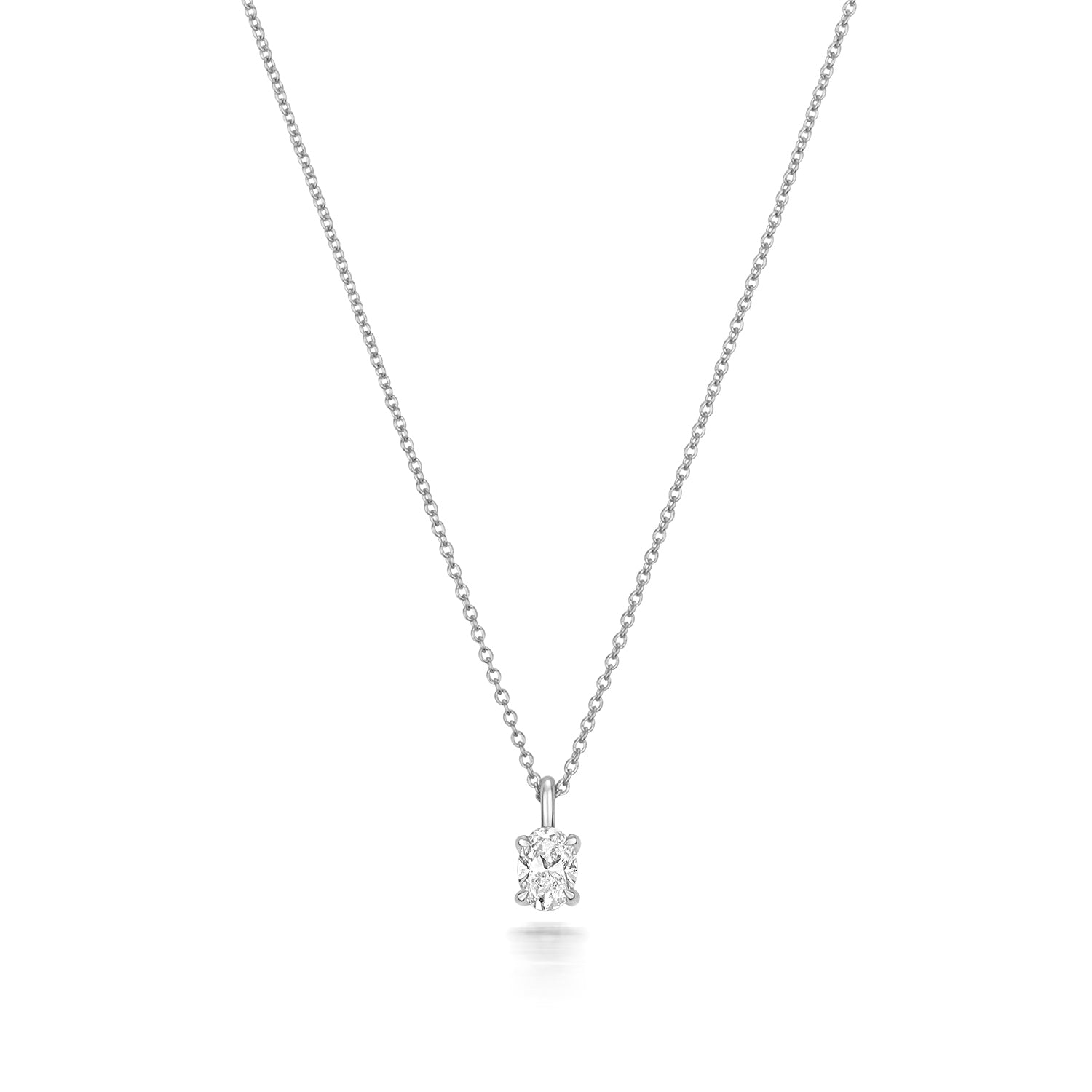 Oval Shaped Diamond Necklace in White Gold on white background.