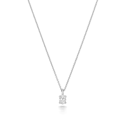 Oval Shaped Diamond Necklace in White Gold on white background.