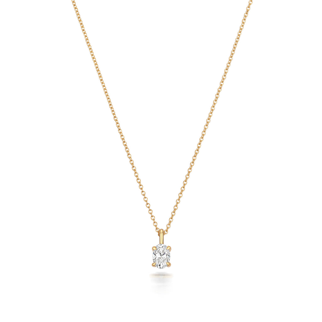 Oval Shaped Diamond Necklace in Yellow Gold on white background.