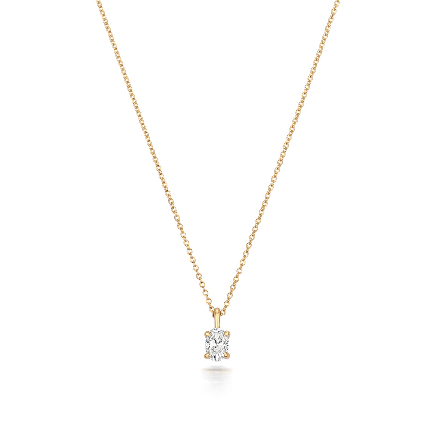 Oval Shaped Diamond Necklace in Yellow Gold on white background.