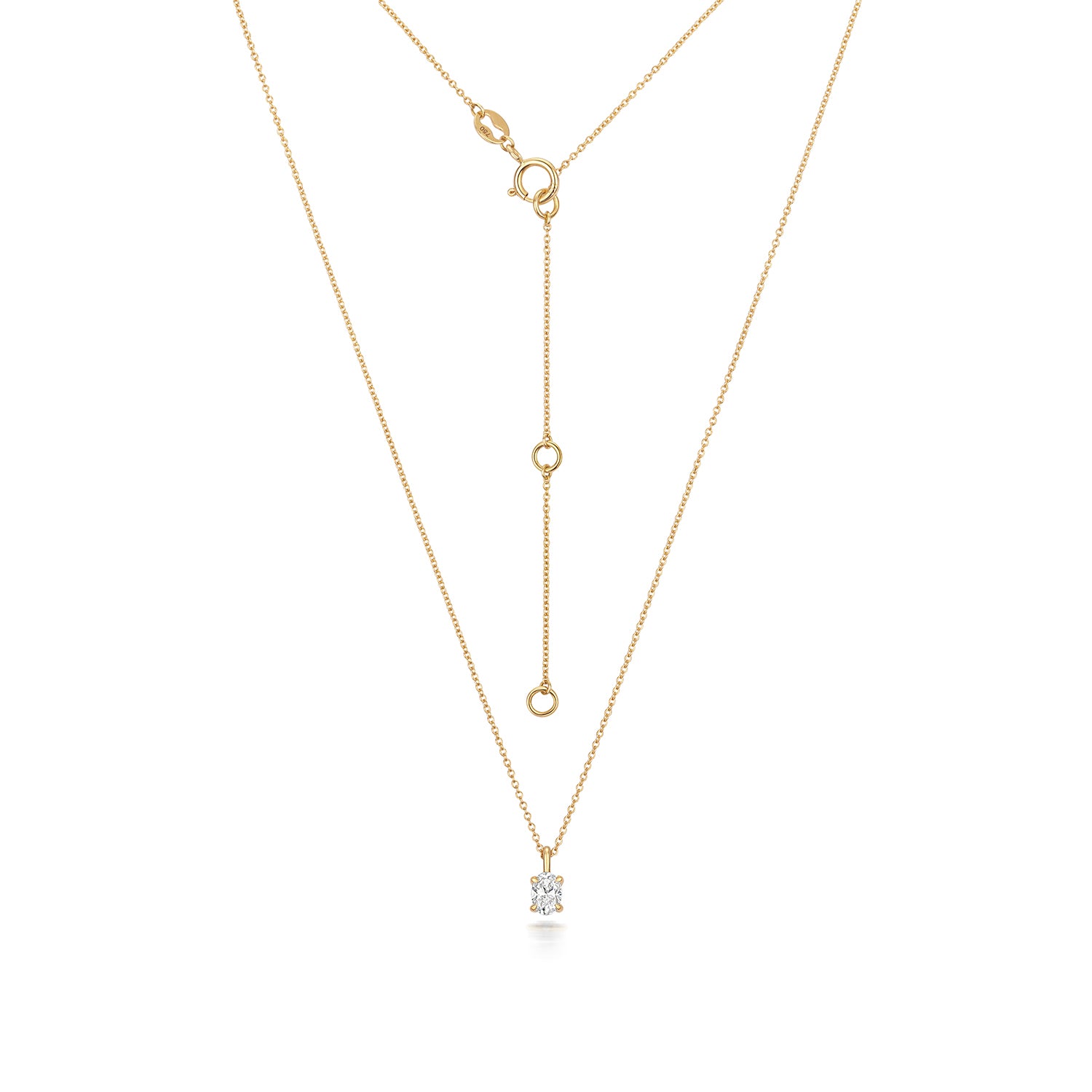 Oval Shaped Diamond Necklace in Yellow Gold with adjustable chain on white background.