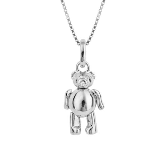Children's Diamond Silver Teddy Bear Necklace on a White Background 