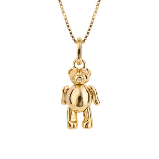 Children's Yellow Gold Diamond Teddy Bear Necklace