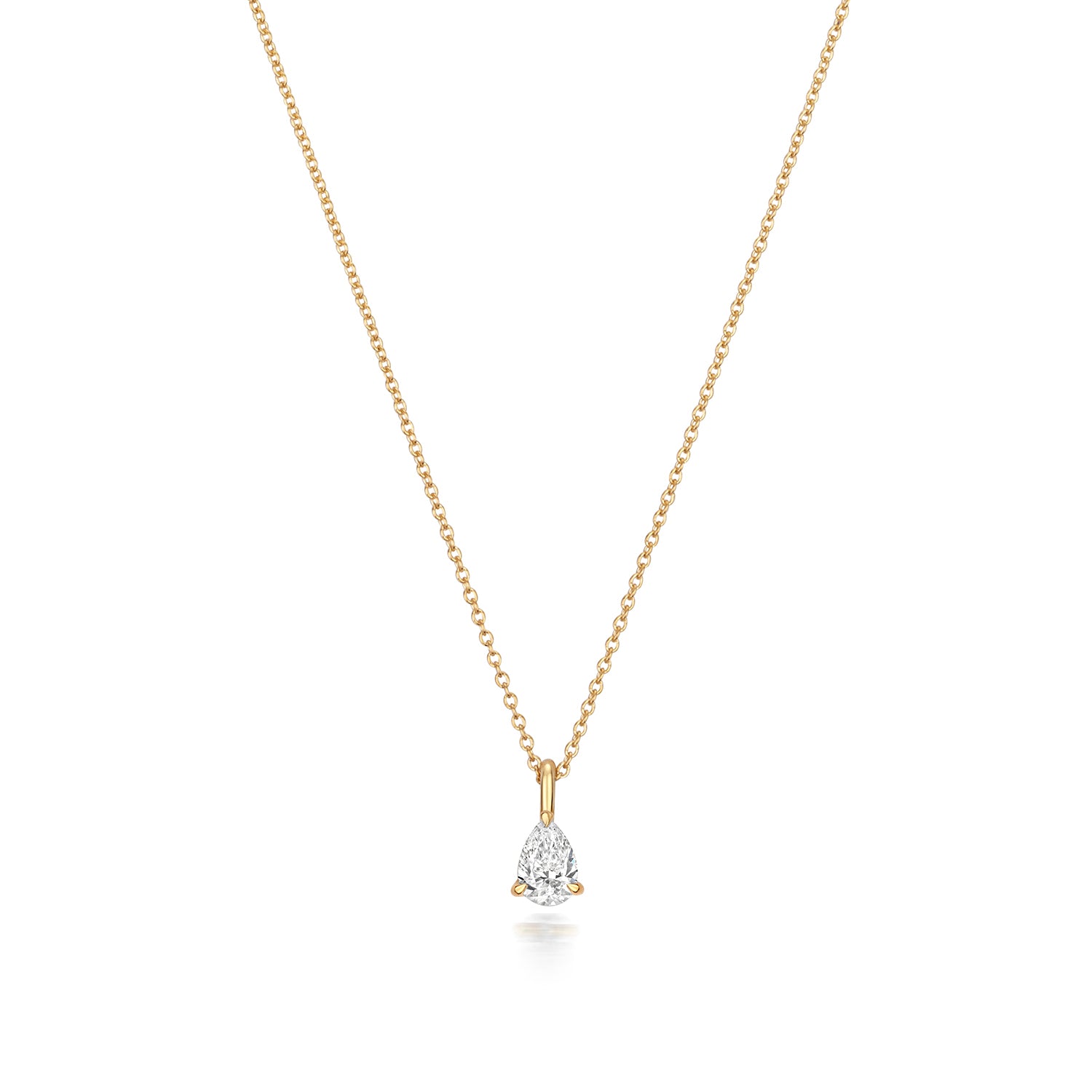 Pear Shaped Diamond Necklace in Yellow Gold on a white background.