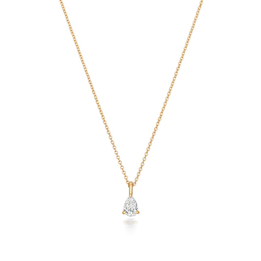 Pear Shaped Diamond Necklace in Yellow Gold on a white background.