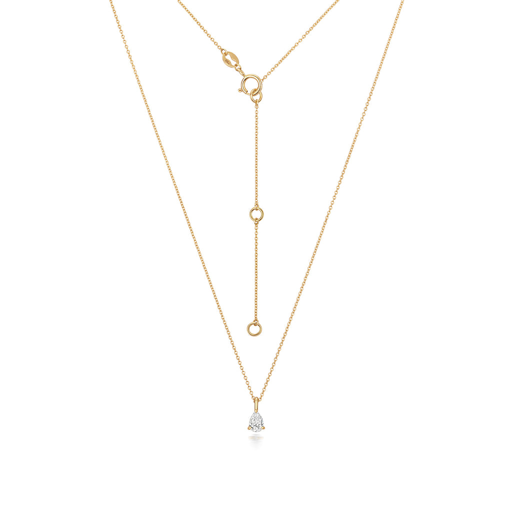 Pear Shaped Diamond Necklace in Yellow Gold with adjustable chain on a white background.