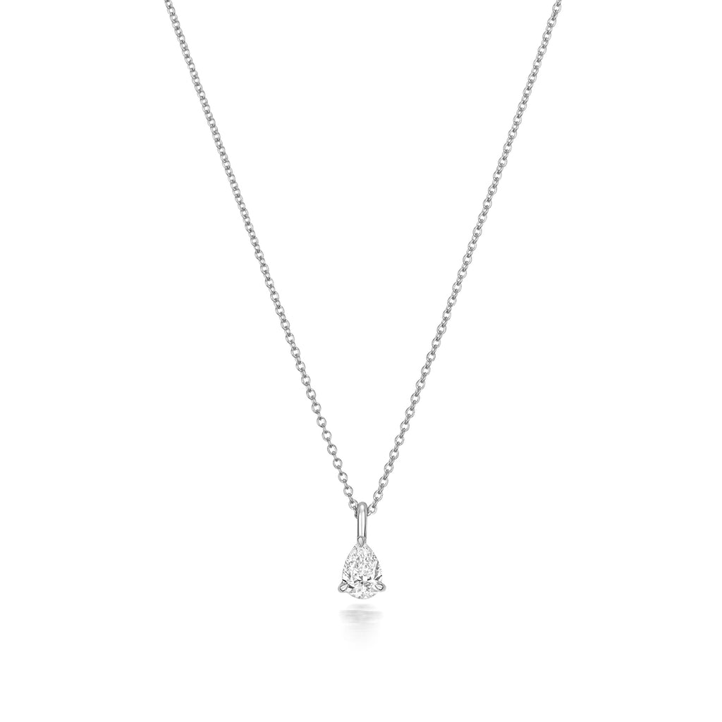Pear Shaped Diamond Necklace in White Gold on a white background.