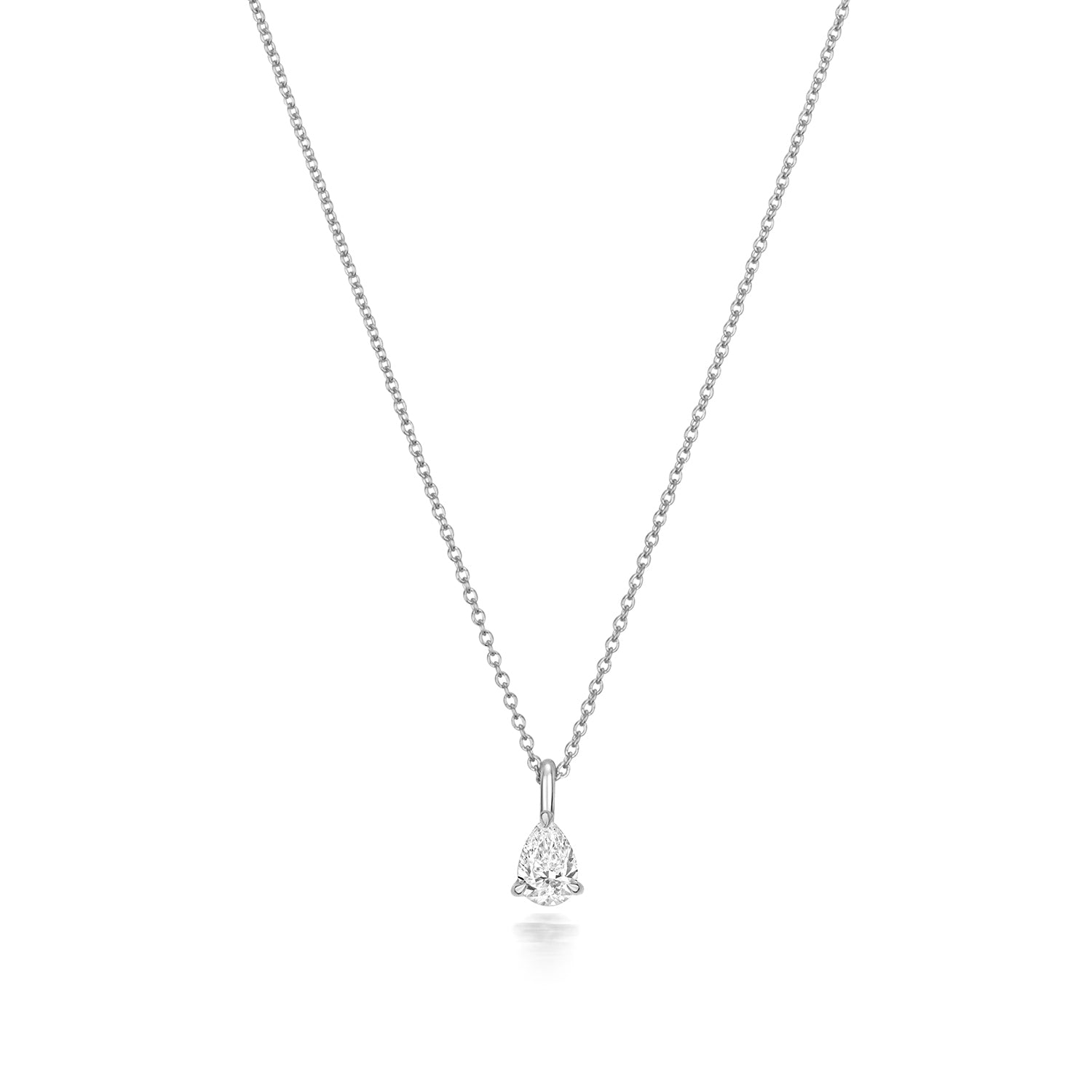Pear Shaped Diamond Necklace in White Gold on a white background.
