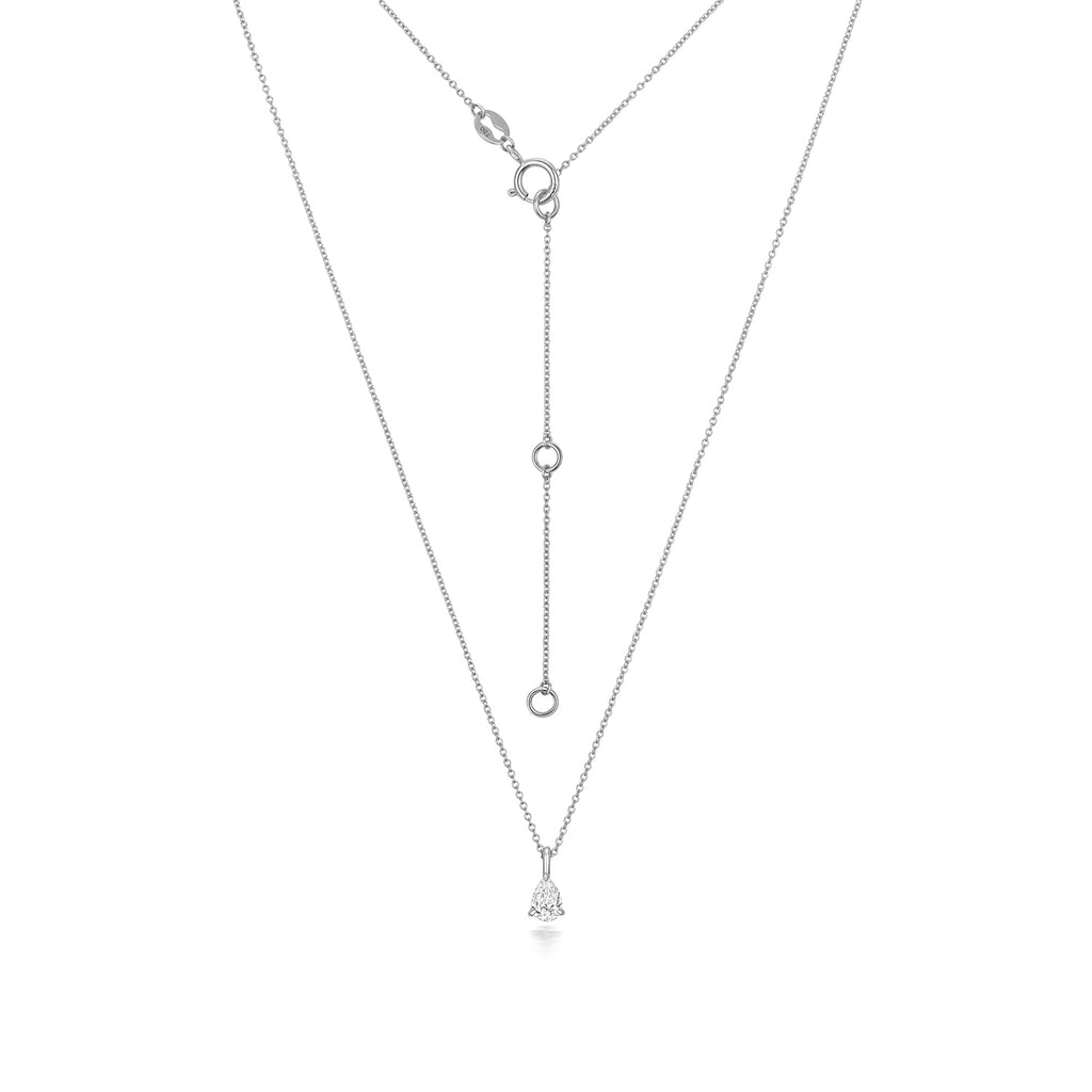 Pear Shaped Diamond Necklace in White Gold with adjustable chain on a white background.