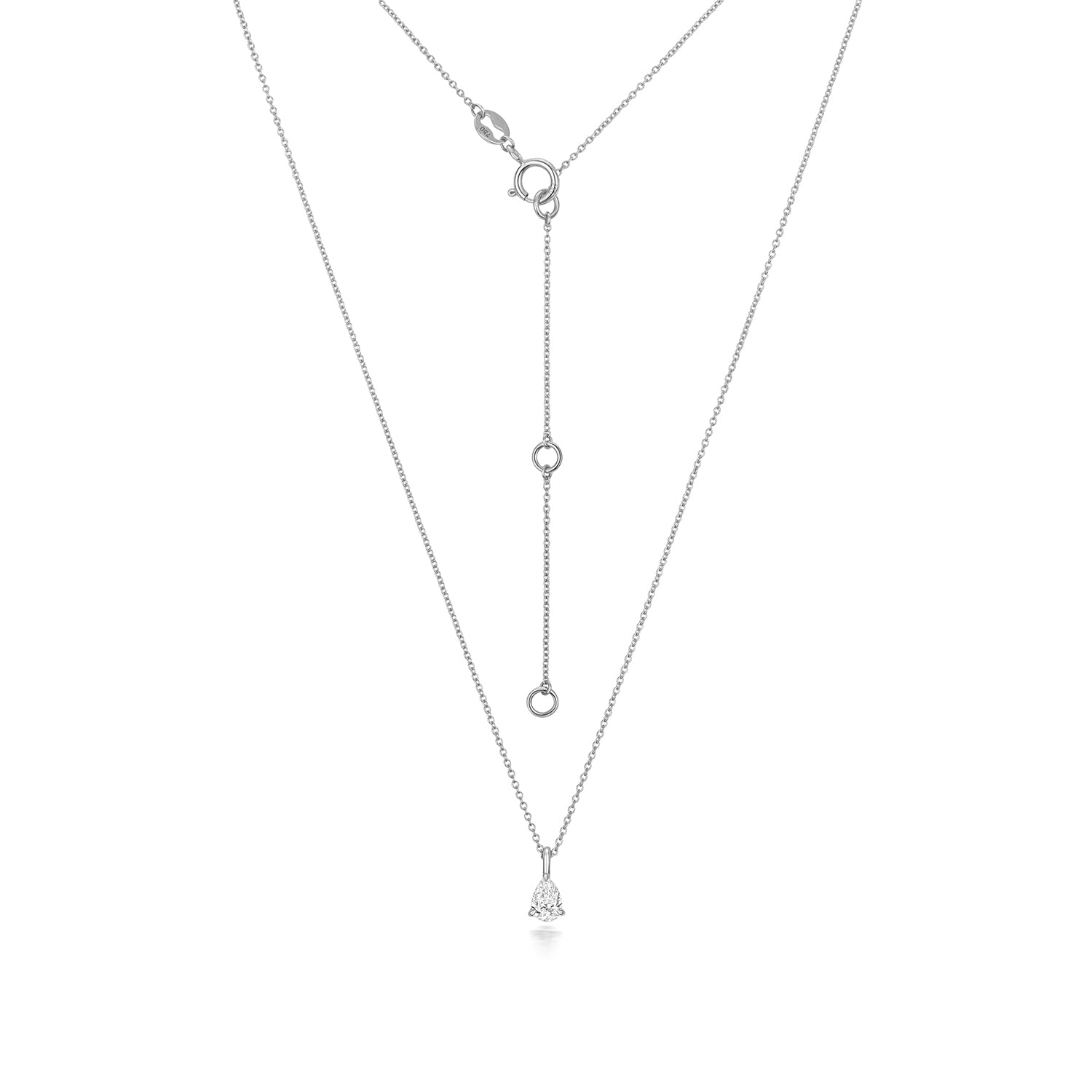 Pear Shaped Diamond Necklace in White Gold with adjustable chain on a white background.