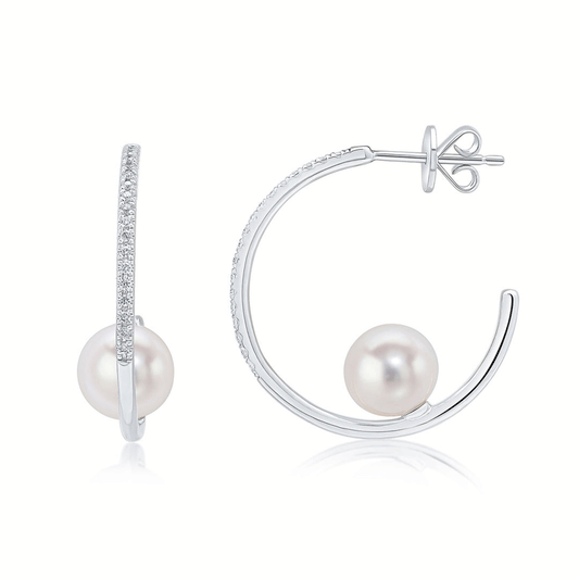 White gold and white pearl hooped earrings set with diamonds.