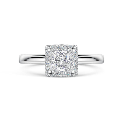 Princess Cut Diamond Halo Cluster Engagement Ring on white background.