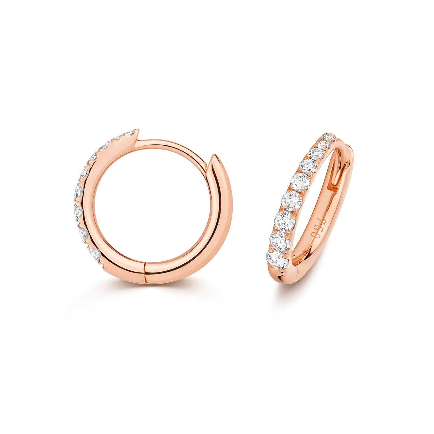 Dainty Diamond Hoop Earrings in 18ct Rose Gold on a white background.