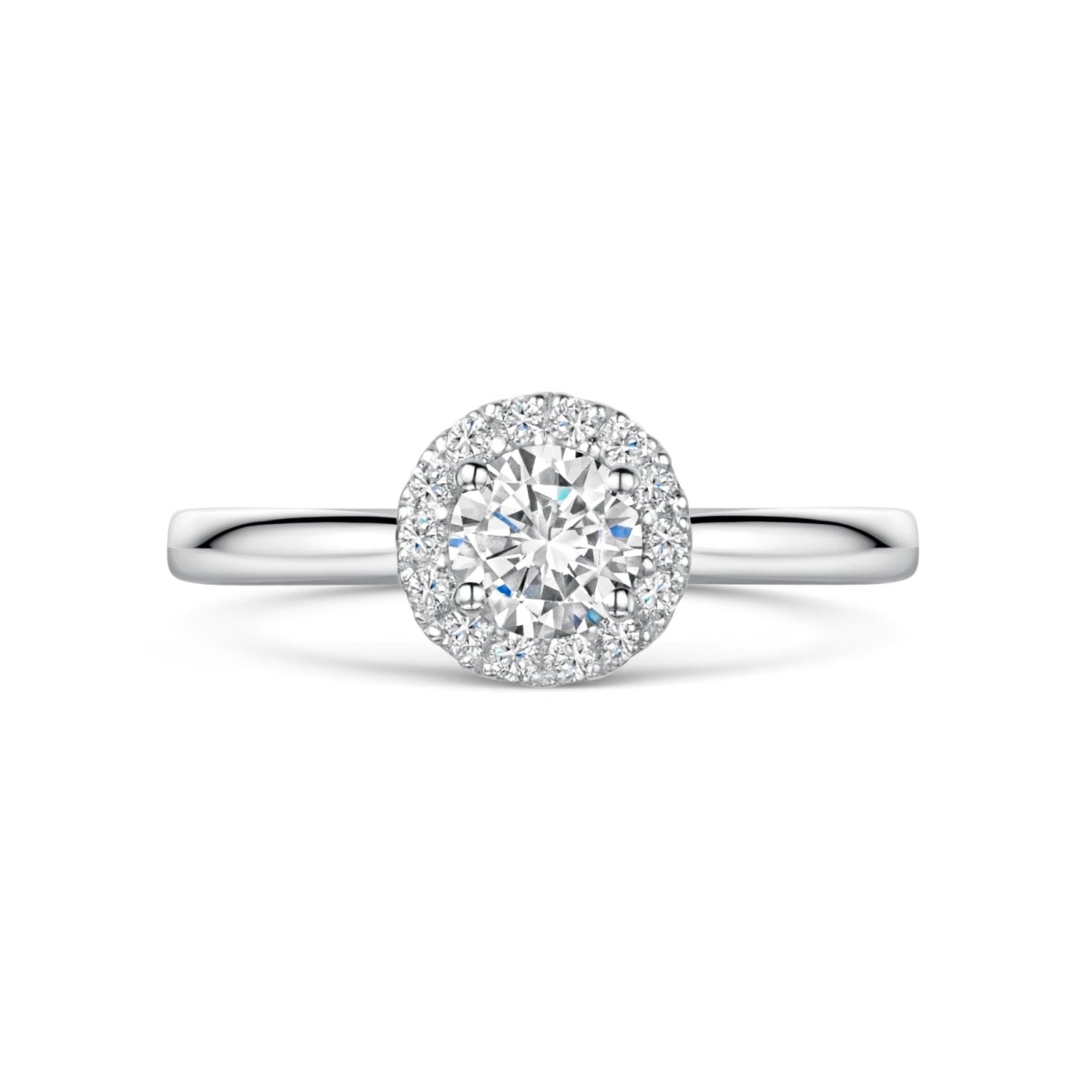 Round Diamond Halo Cluster Engagement Ring on White Background.