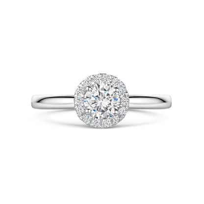 Round Diamond Halo Cluster Engagement Ring on White Background.