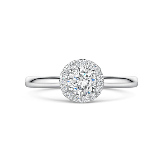 Round Diamond Halo Cluster Engagement Ring on White Background.