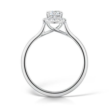 Round Diamond Halo Cluster Engagement Ring side view on White Background.
