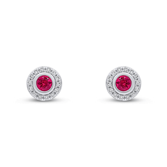 Ruby & Diamond Halo Earrings on a white background.