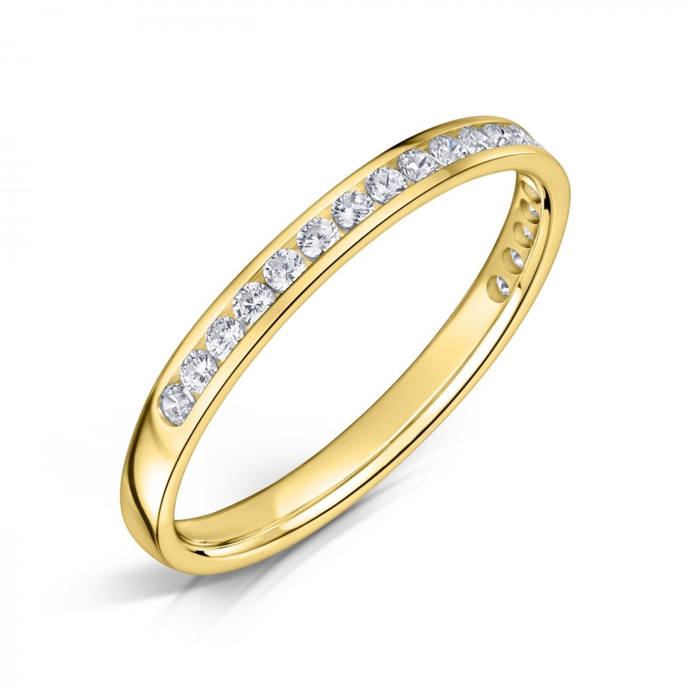 18ct Yellow Gold Channel Set Diamond Eternity Ring with 2.0mm Round Diamonds in an angled view on a white background.