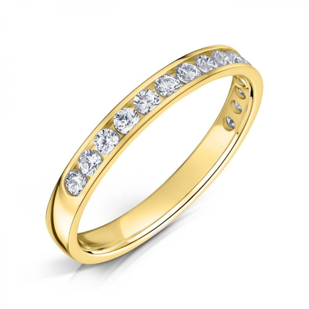 18ct Yellow Gold Channel Set Diamond Eternity Ring half set with 2.5mm Round Diamonds on a white background.