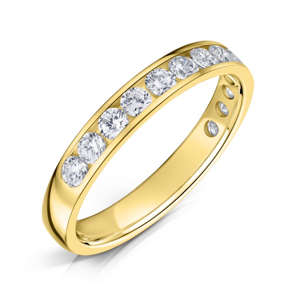 18ct Yellow Gold Channel Set Diamond Eternity Ring with 3.0mm Round Diamonds half set on a white background.