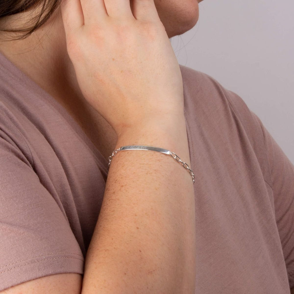 Silver Engravable ID Bar Bracelet for Ladies on model