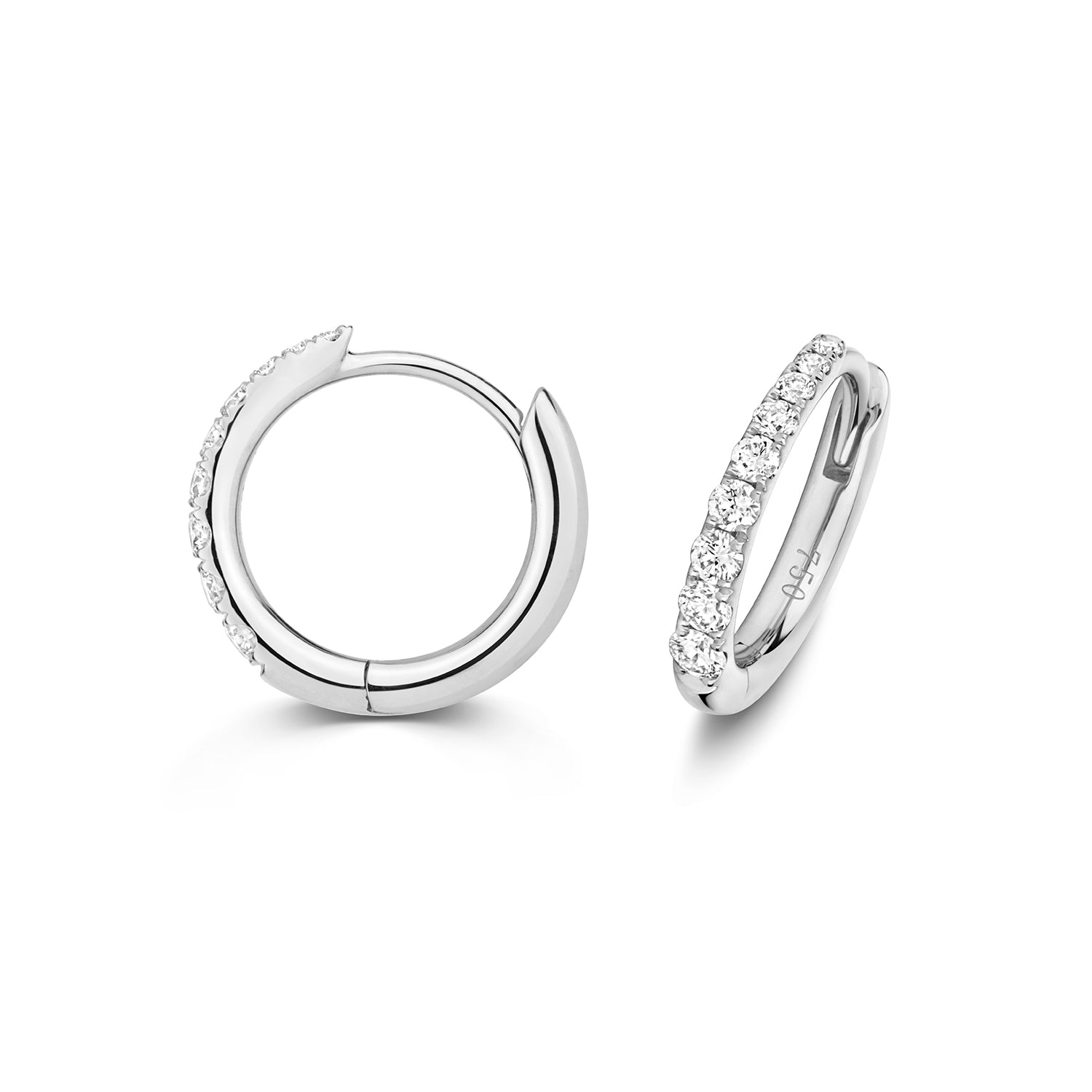 Dainty Diamond Hoop Earrings in 18ct White Gold on a white background