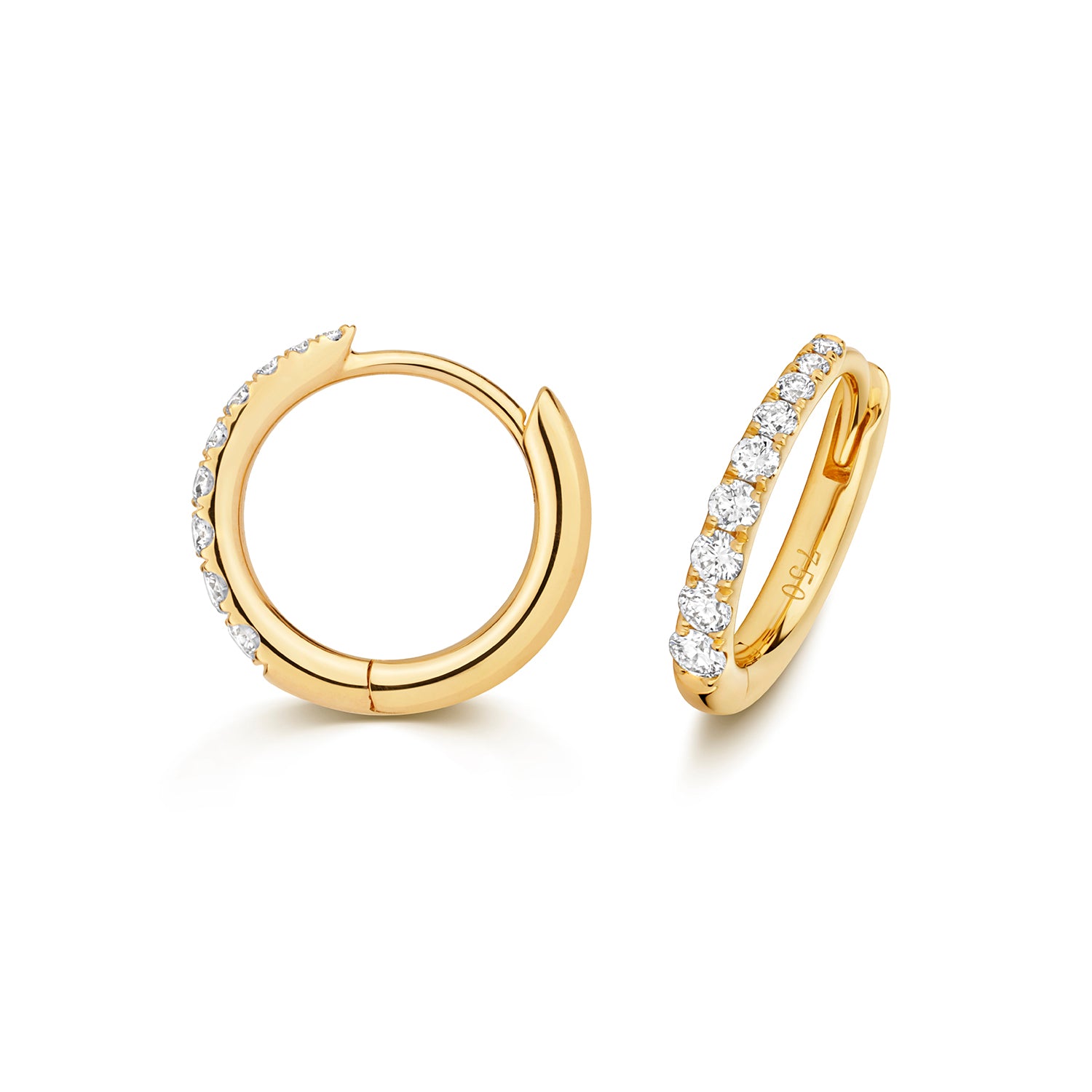Dainty Diamond Hoop Earrings in 18ct Yellow Gold on a white background.