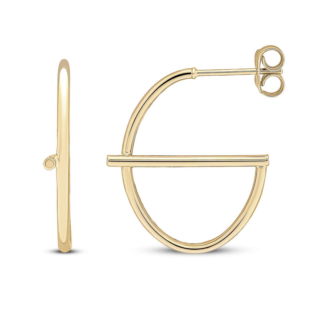 A pair of yellow gold oval hoop earrings with a butterfly and post fitting, displayed against a white background.