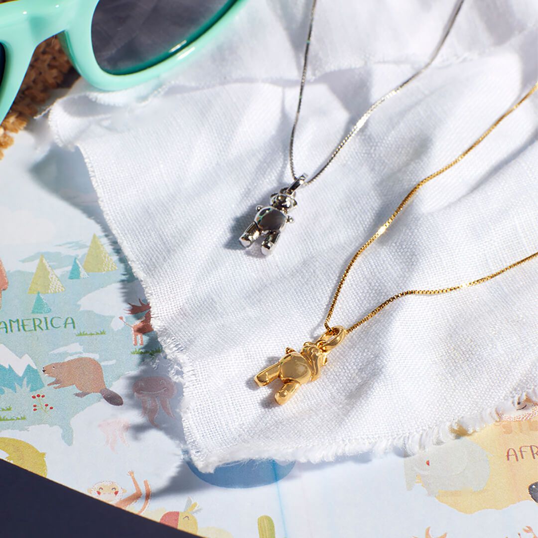 Children's Yellow Gold  and silver Diamond Teddy Bear Necklaces